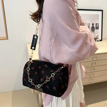 Xajzpa Strawberry Printed Crossbody Mini Bags Corduroy Fresh Ins Style Underarm Bag Refined Female Student Travel Shoulder Bag